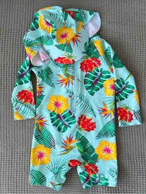 Tropical Floral Baby Rashguard Swimsuit Romper + Sun Hat (2PC) Size 6-9 Months